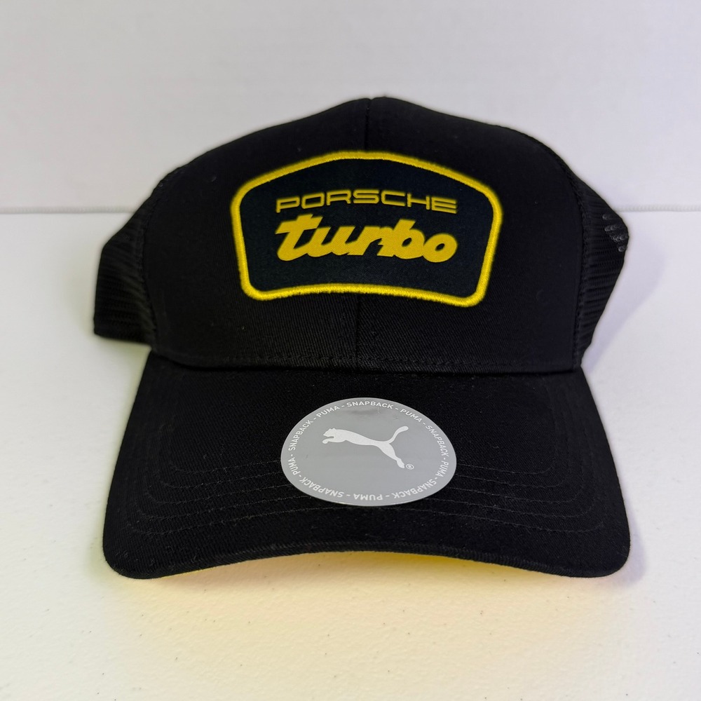 Puma Porsche Turbo Trucker Hat Black Yellow Snapback Mesh Cap 023871-01